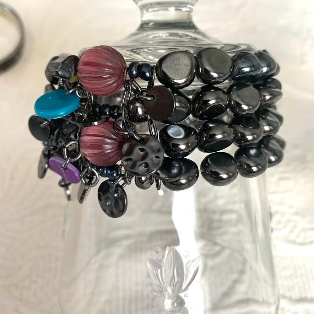 Women’s Hematite Abalone Shell statement bracelet purple aqua Black charm beads